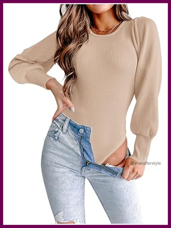 Other - Long Puff Sleeve Crewneck Knit Ribbed Bodysuit Sweater for Women